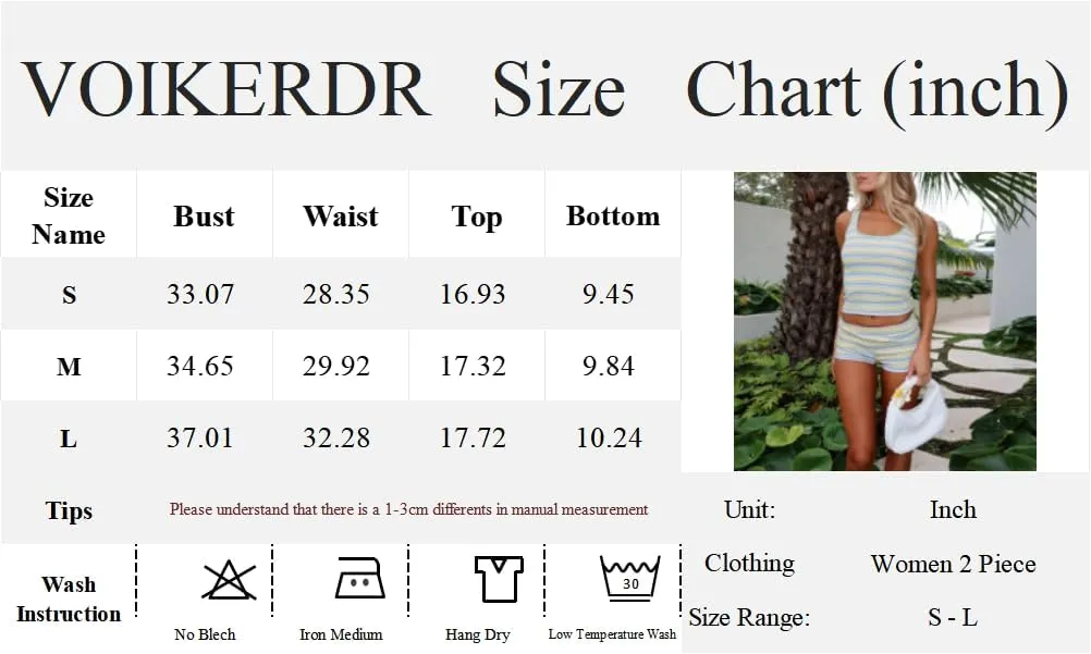 VOIKERDR 2 Piece Sets for Women Sexy Knit Vest Crop Top and Striped Shorts Sets Lounge Sets Summer