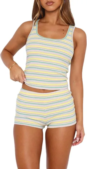 VOIKERDR 2 Piece Sets for Women Sexy Knit Vest Crop Top and Striped Shorts Sets Lounge Sets Summer