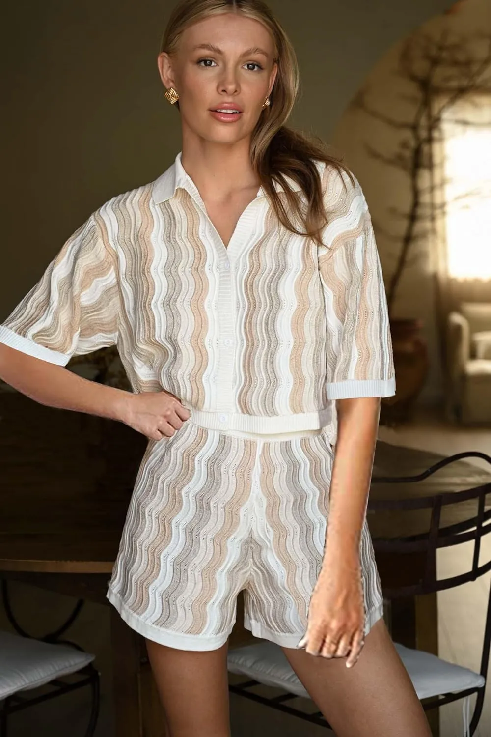 VOIKERDR Crochet Sets Two Piece Women Short Sets Stripe Shirt and Shorts Knit Lounge Wear