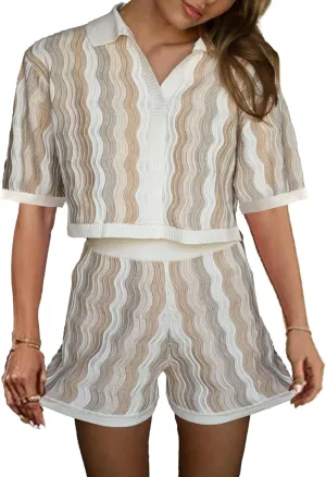 VOIKERDR Crochet Sets Two Piece Women Short Sets Stripe Shirt and Shorts Knit Lounge Wear