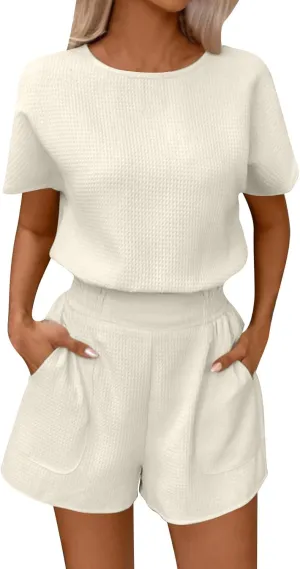 Waffle Lounge Sets for Women 2 Piece Short Sleeve Shirts and Wide Leg Shorts Set Solid Fashion Comfy Summer Outfits