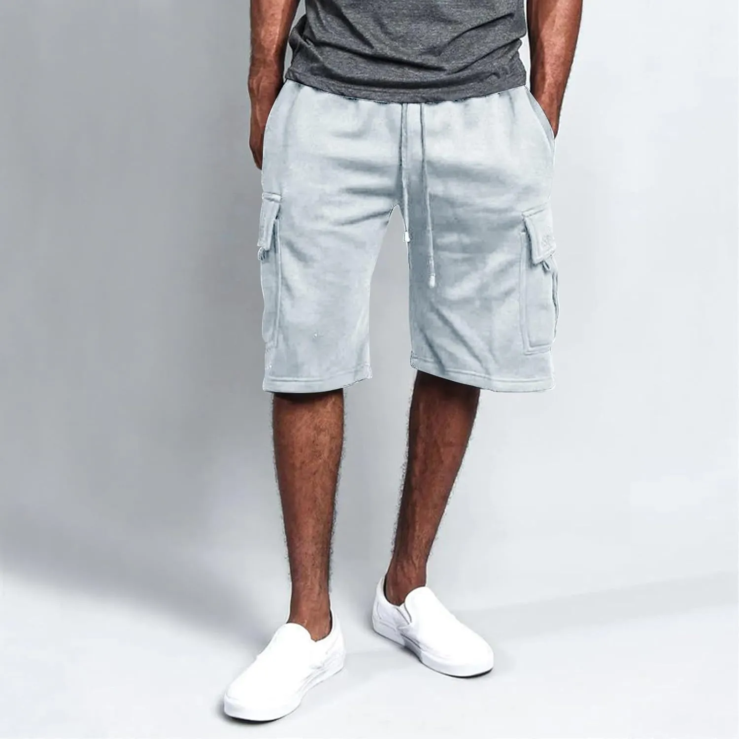 WENKOMG1 Mens Casual Cargo Shorts Elastic Waist Drawstring Workout SweatShorts Jogging Gym Shorts with Multi Pockets