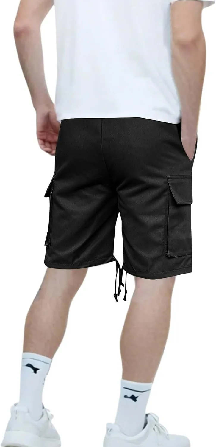 WENKOMG1 Mens Casual Cargo Shorts Knee Length Elastic Waist Drawstring Loose Fit Multi Pockets Outdoor Tactical Shorts