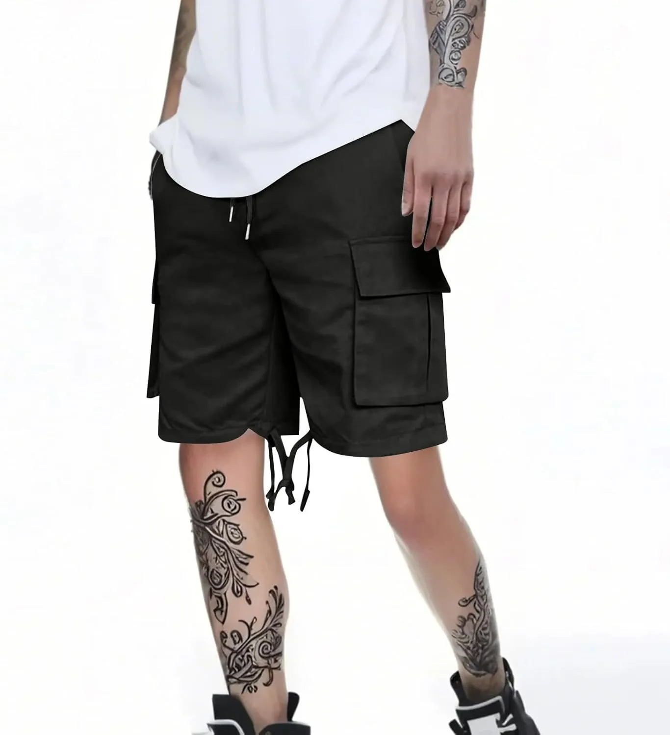 WENKOMG1 Mens Casual Cargo Shorts Knee Length Elastic Waist Drawstring Loose Fit Multi Pockets Outdoor Tactical Shorts