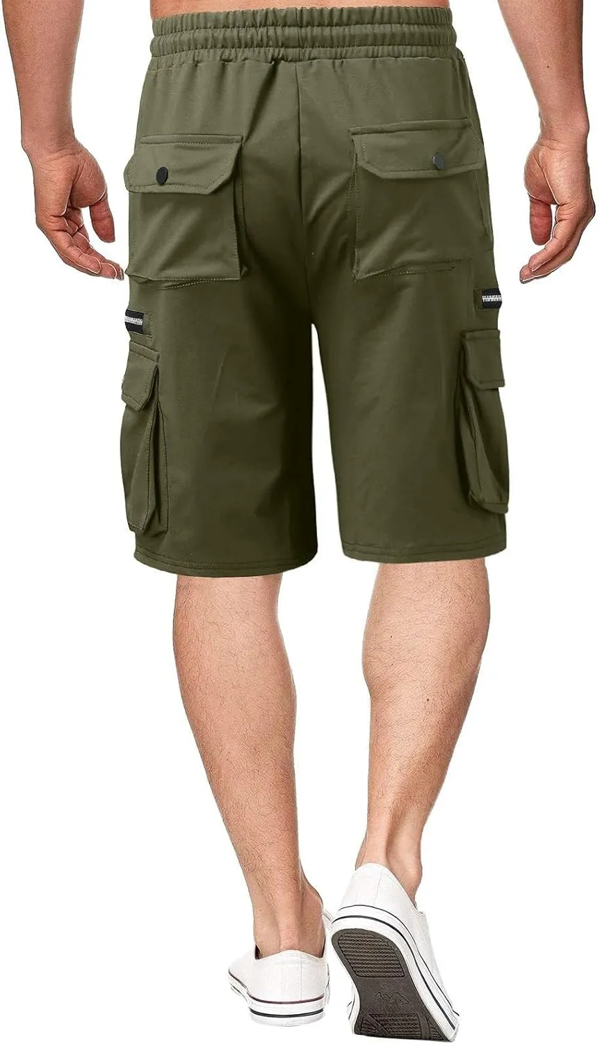 WENKOMG1 Mens Tactical Shorts Elastic Waist Drawstring Ankle Length Cargo Shorts Solid SweatShorts with Multi Pockets