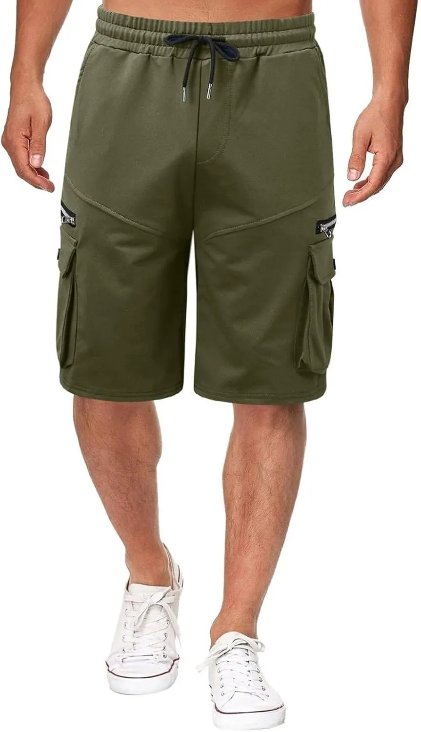 WENKOMG1 Mens Tactical Shorts Elastic Waist Drawstring Ankle Length Cargo Shorts Solid SweatShorts with Multi Pockets