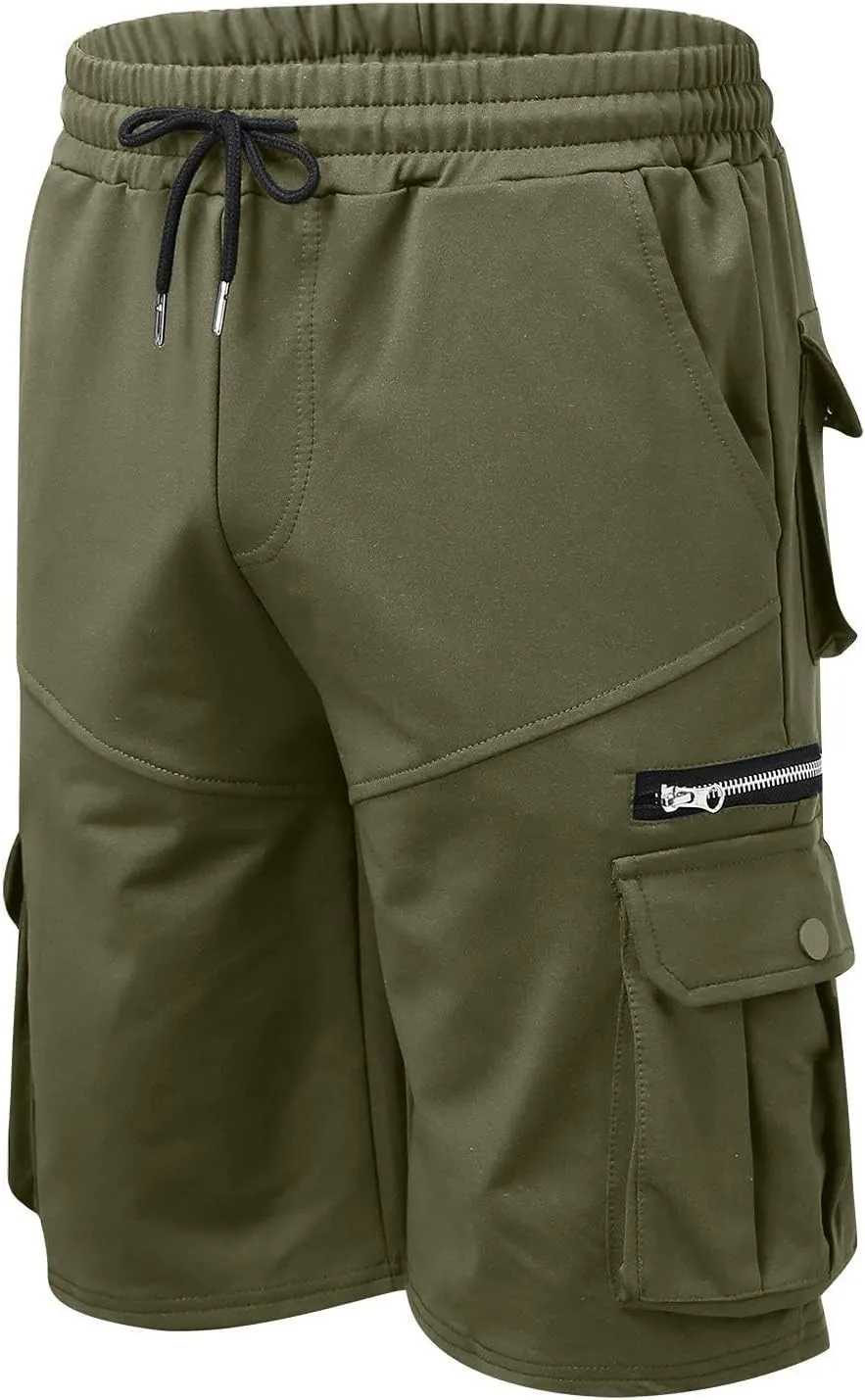 WENKOMG1 Mens Tactical Shorts Elastic Waist Drawstring Ankle Length Cargo Shorts Solid SweatShorts with Multi Pockets