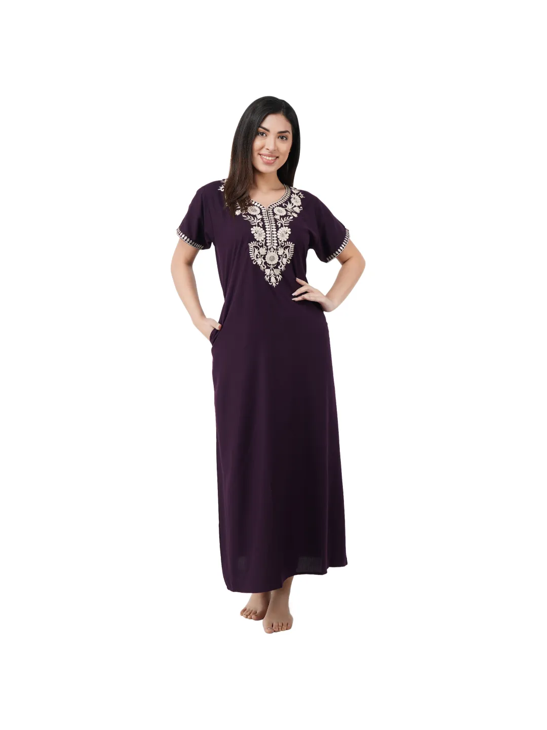 White Six Floral Embroidered Nightgown