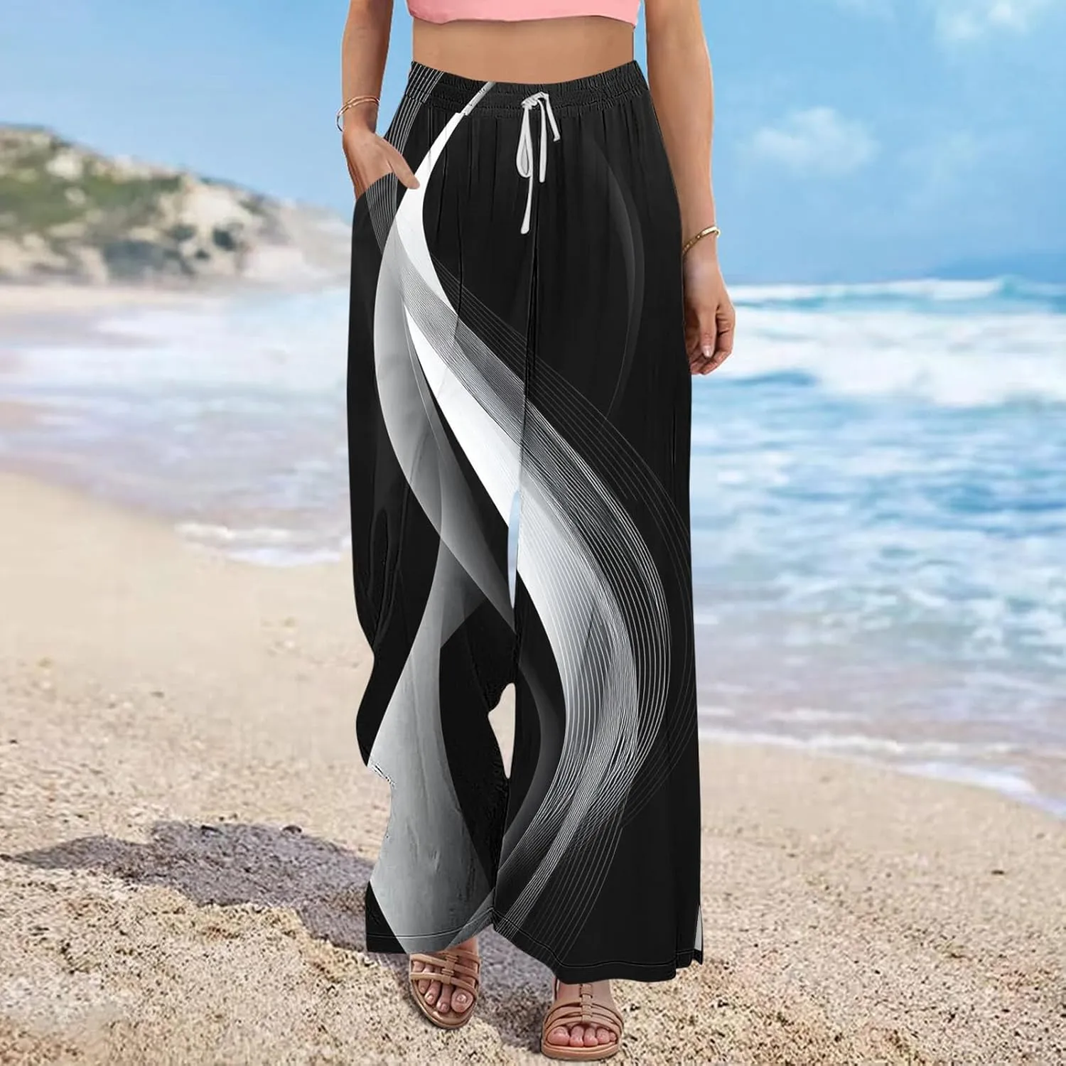 Wide Leg Pajama Pants for Women Comfy Summer Loose High Waisted Palazzo Lounge Pants Sleep Pj Bottoms with Pockets