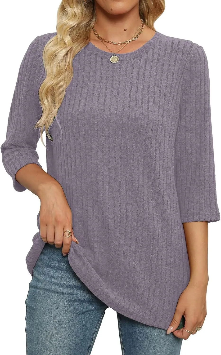 Winter 3/4 Length Sleeve T Shirts Loose Fit Ribbed Knit Cozy Sweaters Plus Size Sweatshirts