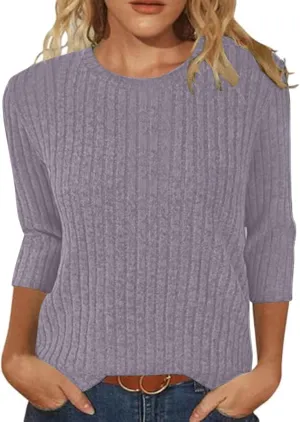 Winter 3/4 Length Sleeve T Shirts Loose Fit Ribbed Knit Cozy Sweaters Plus Size Sweatshirts