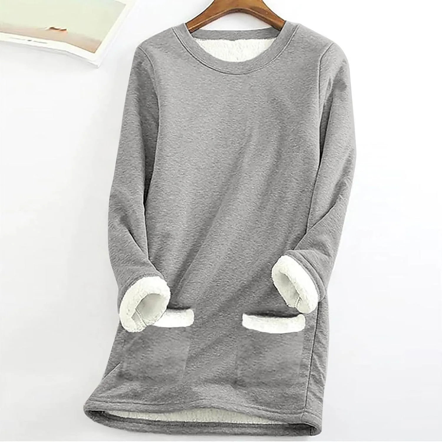 Winter Fleece Lined Warm Shirts for Women Solid Color Raglan Long Sleeve Crewneck Tunic Tees Casual Thermal Top