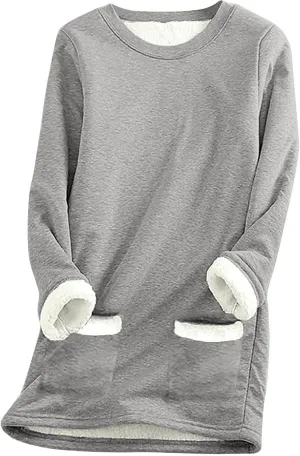 Winter Fleece Lined Warm Shirts for Women Solid Color Raglan Long Sleeve Crewneck Tunic Tees Casual Thermal Top