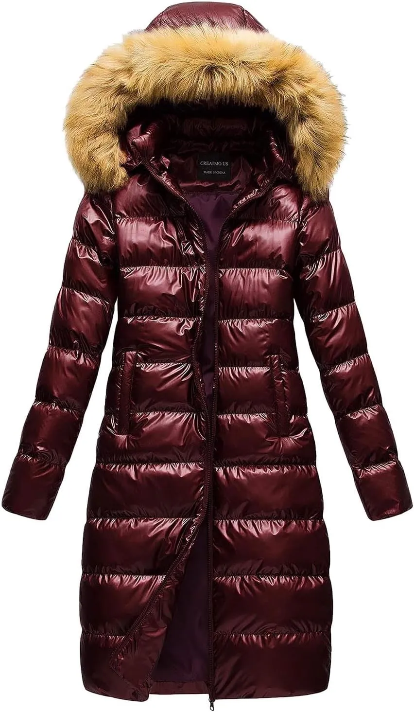 Winter Simple Solid Zipper Long Puffer Coat for Womens Warm Casual Slim Quilted Down Coat Long Sleeve Hooded Jacket