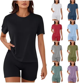 Women 2 Piece Outfits Summer Sweatsuits Casual Short Sleeve Top and Biker Shorts Workout Jogger Sets Loose Tracksuit