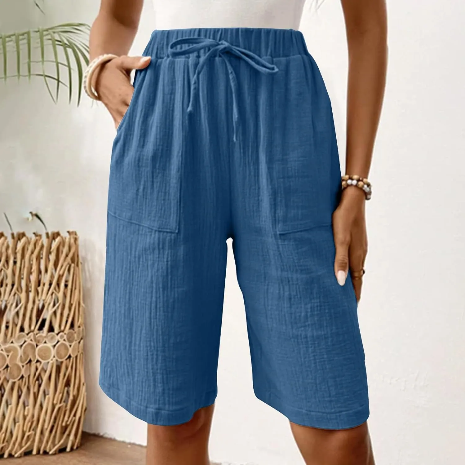 Women Beach Fashion Shorts Drawstring High Waisted Bermuda Shorts Bubble Wrinkle Casual Knee Length Short Pants