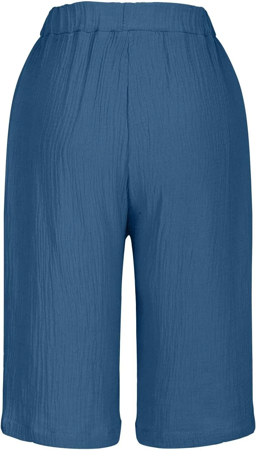 Women Beach Fashion Shorts Drawstring High Waisted Bermuda Shorts Bubble Wrinkle Casual Knee Length Short Pants
