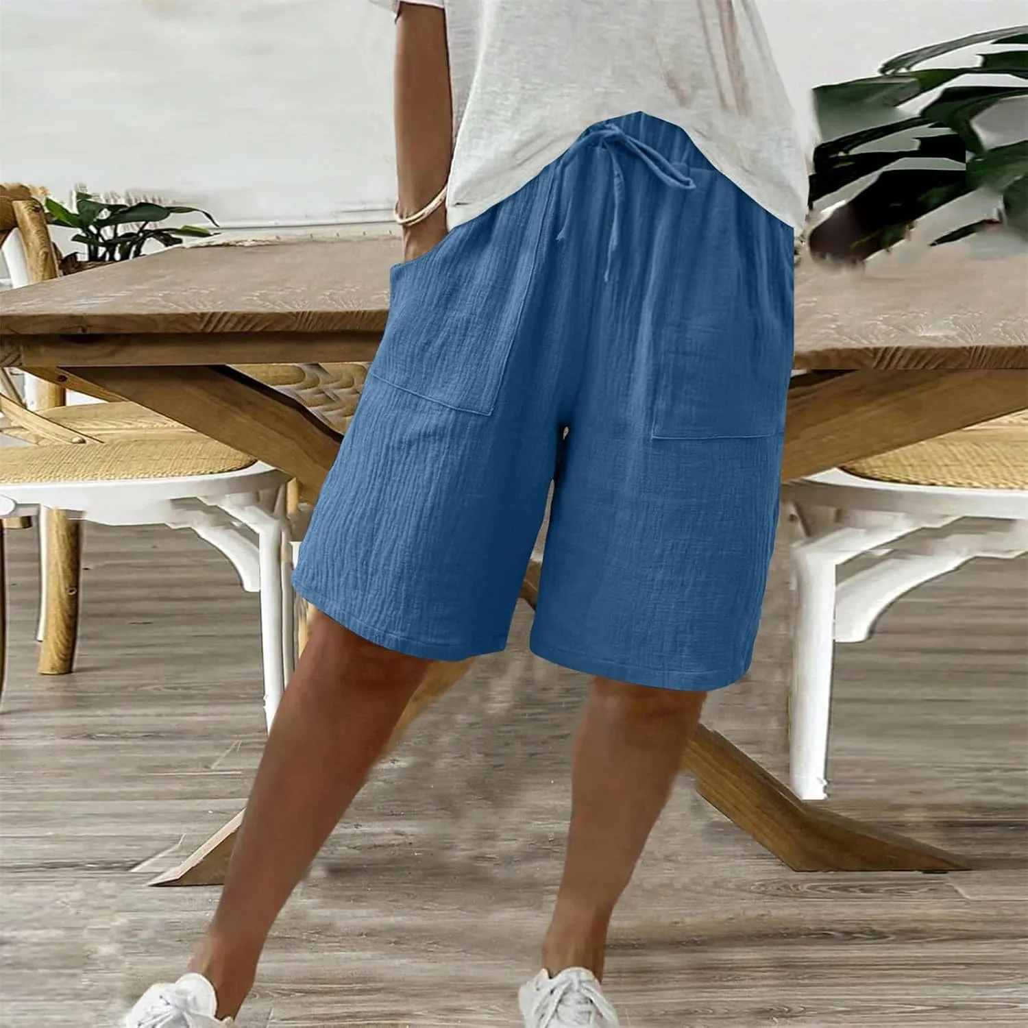 Women Beach Fashion Shorts Drawstring High Waisted Bermuda Shorts Bubble Wrinkle Casual Knee Length Short Pants
