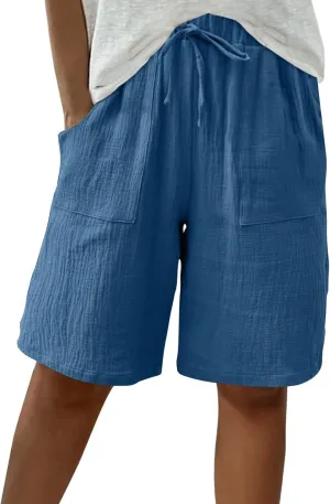 Women Beach Fashion Shorts Drawstring High Waisted Bermuda Shorts Bubble Wrinkle Casual Knee Length Short Pants
