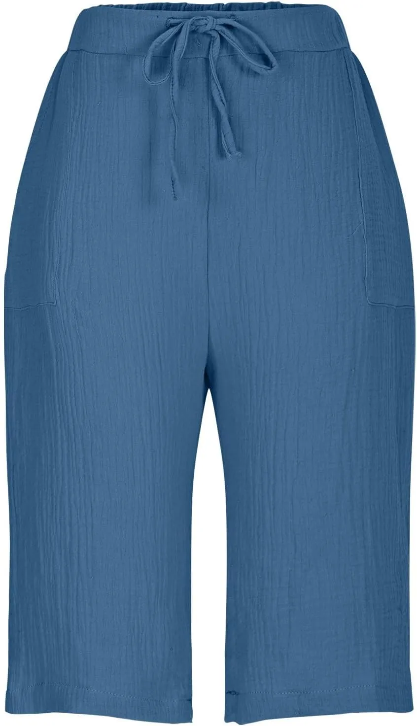 Women Beach Fashion Shorts Drawstring High Waisted Bermuda Shorts Bubble Wrinkle Casual Knee Length Short Pants