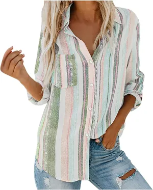 Women Button Down Shirts Cotton Linen Casual Collar Blouses Stripes Long Sleeve Shirts Comfy Fall Outfits 2024