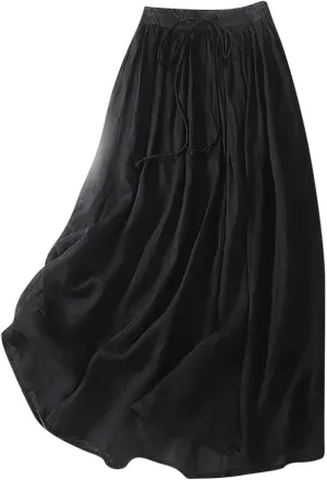Women Cotton Linen Skirt Summer Drawstring Waist Plain Long Maxi Retro Casual Layered Pleated Flowy Swing Long Skirt