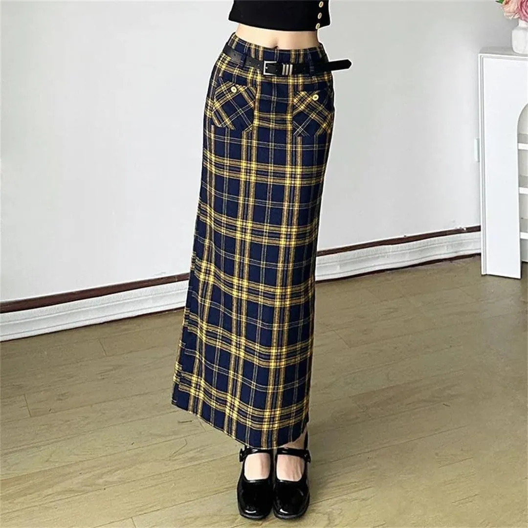 Women Double Pockets Plaid Long Skrit with Belt High Waist Straight Cargo Skirts Back Split Vintage England Bottoms Preppy