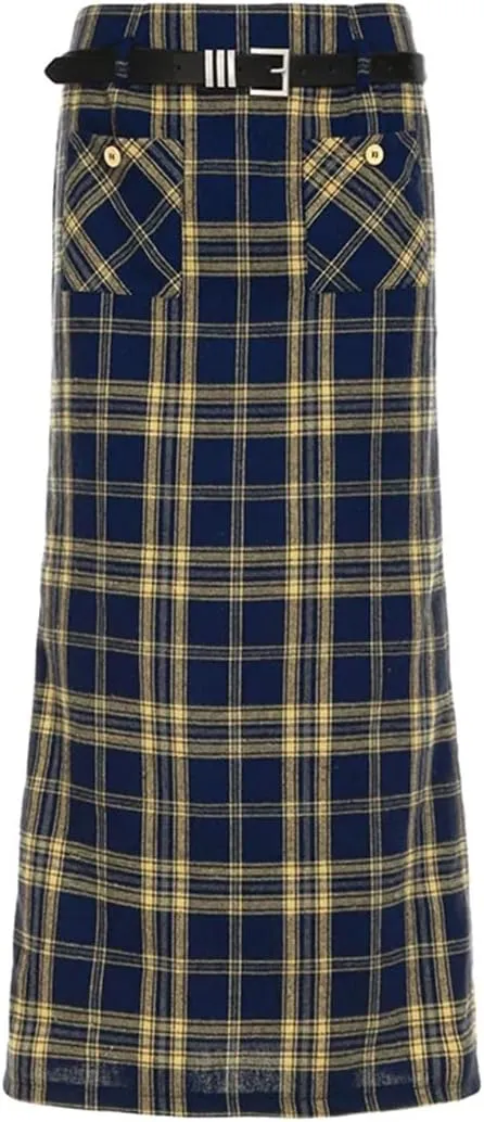 Women Double Pockets Plaid Long Skrit with Belt High Waist Straight Cargo Skirts Back Split Vintage England Bottoms Preppy