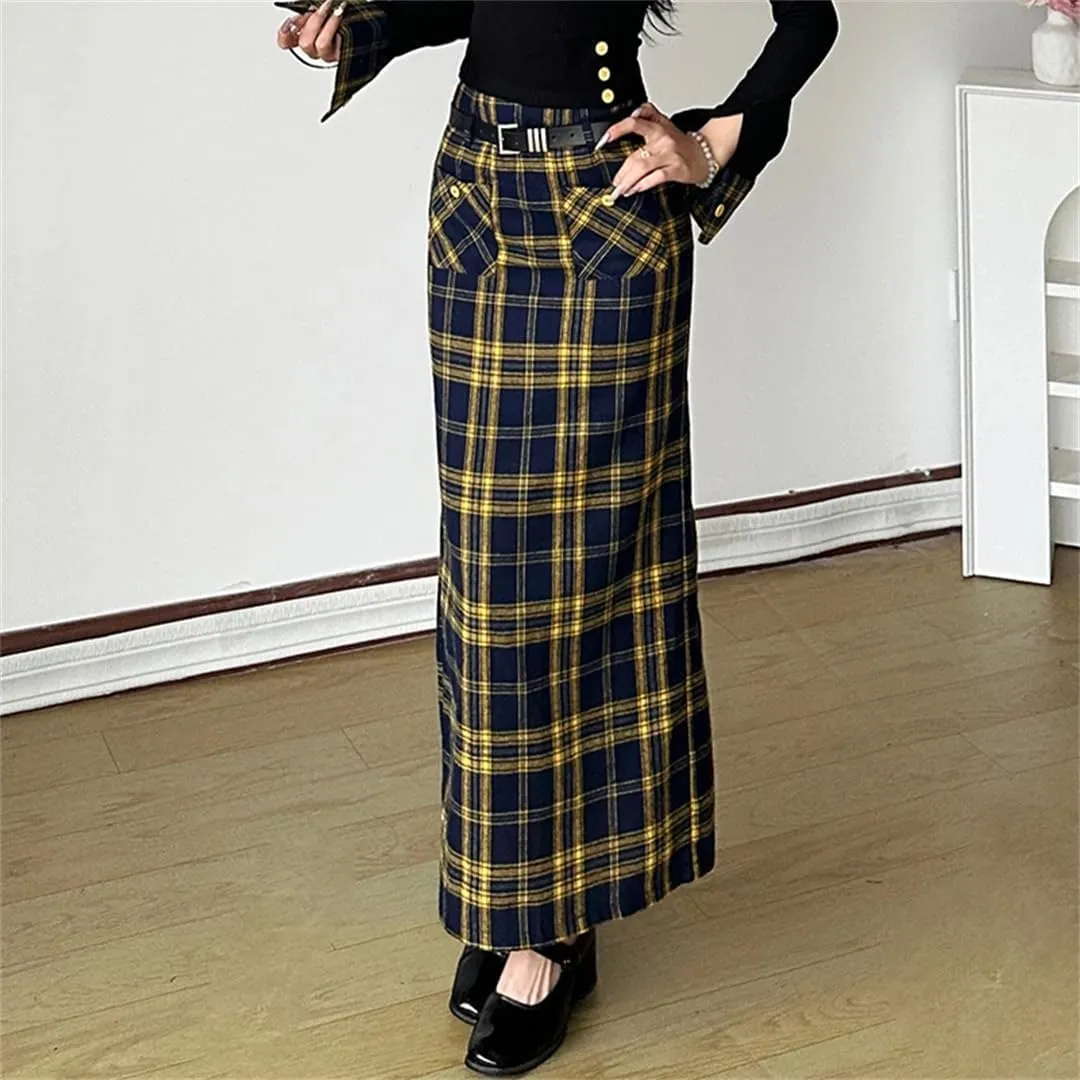 Women Double Pockets Plaid Long Skrit with Belt High Waist Straight Cargo Skirts Back Split Vintage England Bottoms Preppy