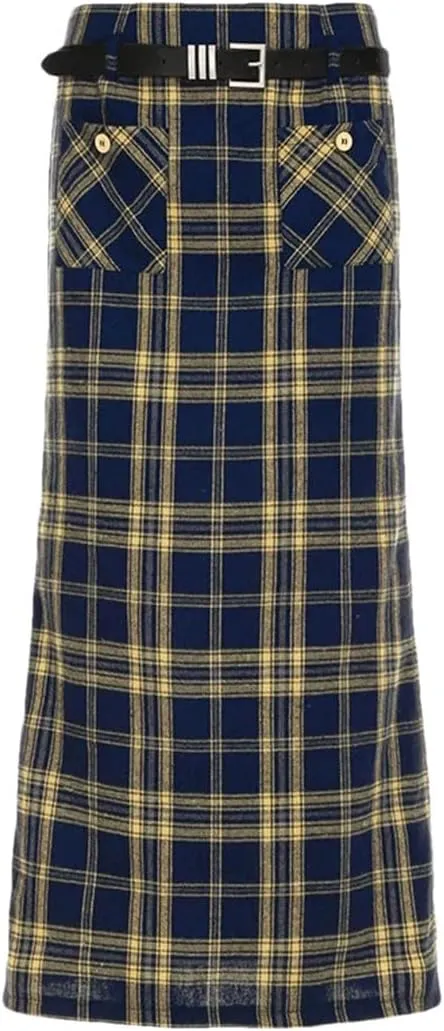 Women Double Pockets Plaid Long Skrit with Belt High Waist Straight Cargo Skirts Back Split Vintage England Bottoms Preppy