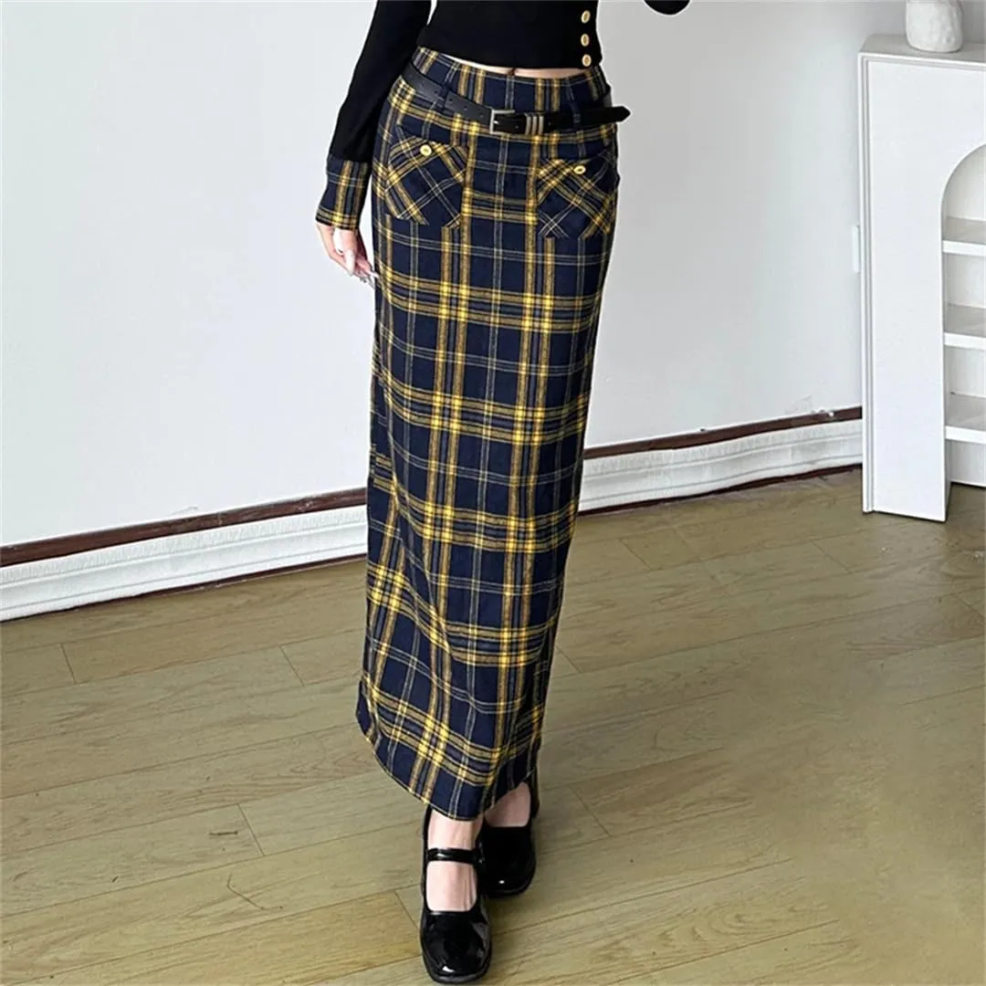 Women Double Pockets Plaid Long Skrit with Belt High Waist Straight Cargo Skirts Back Split Vintage England Bottoms Preppy