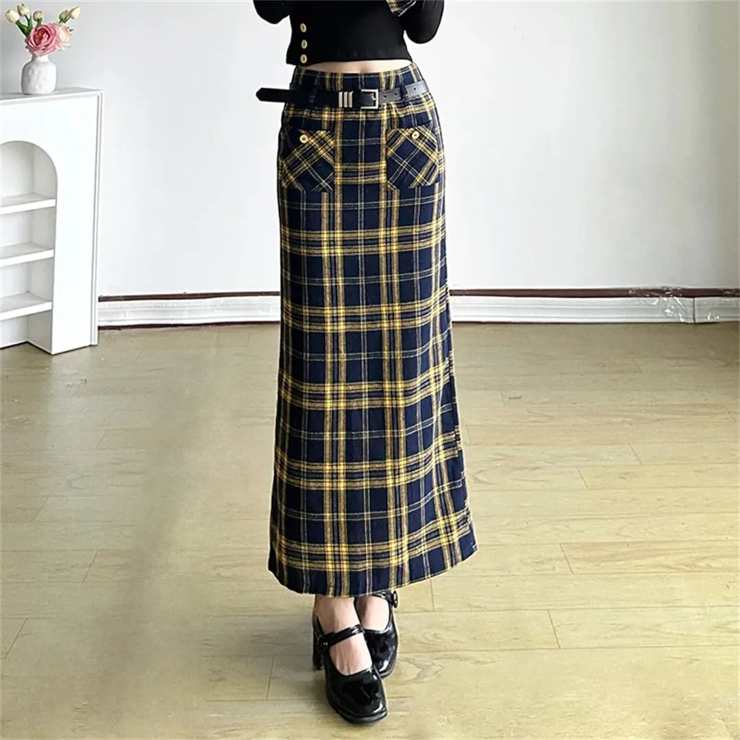 Women Double Pockets Plaid Long Skrit with Belt High Waist Straight Cargo Skirts Back Split Vintage England Bottoms Preppy