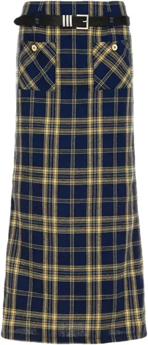 Women Double Pockets Plaid Long Skrit with Belt High Waist Straight Cargo Skirts Back Split Vintage England Bottoms Preppy