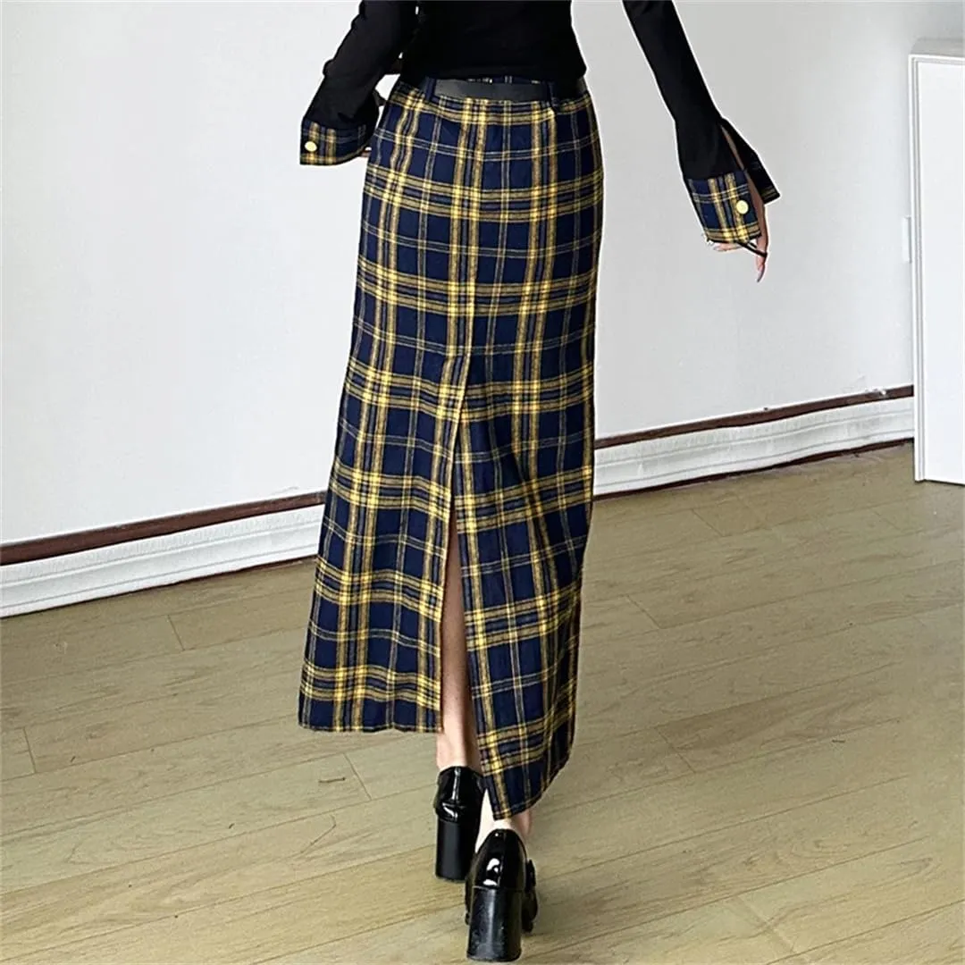 Women Double Pockets Plaid Long Skrit with Belt High Waist Straight Cargo Skirts Back Split Vintage England Bottoms Preppy
