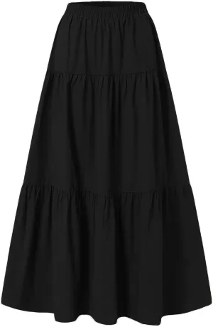 Women Flowy Maxi Skirt Boho Tiered Ruffle A-line Elastic Waist Pleated Long Beach Dress Trendy Party Swing Skirt