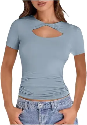 Women Half Open Slim Fit Short Sleeve T Shirt Casual Versatile Cropped Top Running Short