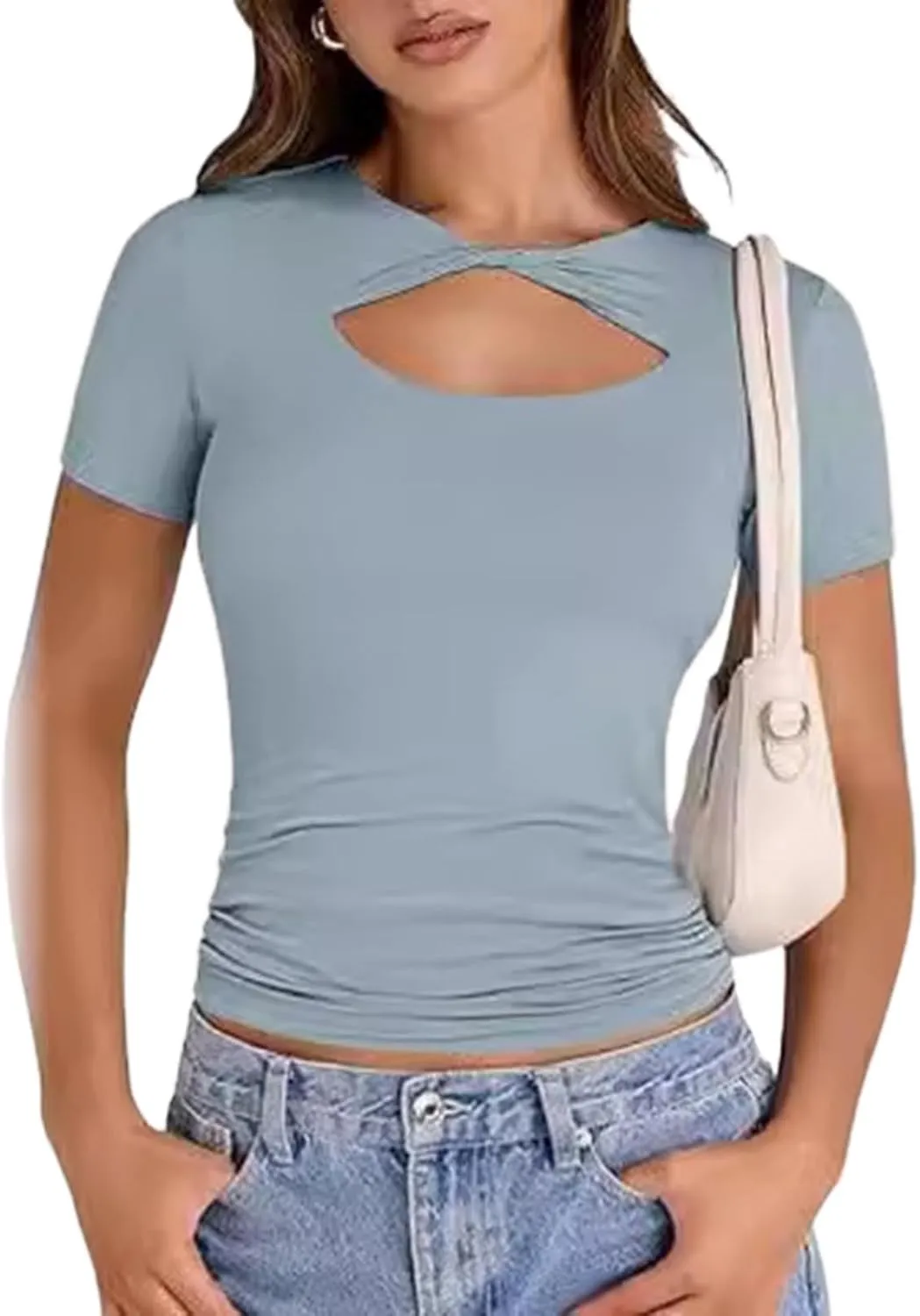 Women Half Open Slim Fit Short Sleeve T Shirt Casual Versatile Cropped Top Running Short