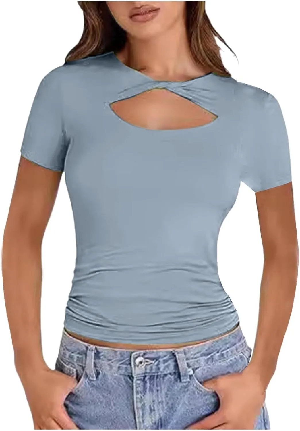 Women Half Open Slim Fit Short Sleeve T Shirt Casual Versatile Cropped Top Running Short