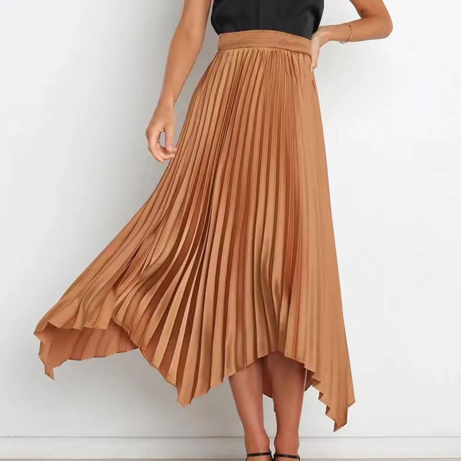 Women High Waisted Flowy Skirts A-line Long Maxi Skirt Casual Summer Pleated Skirts Asymmetrical Skirt Travel Outfit