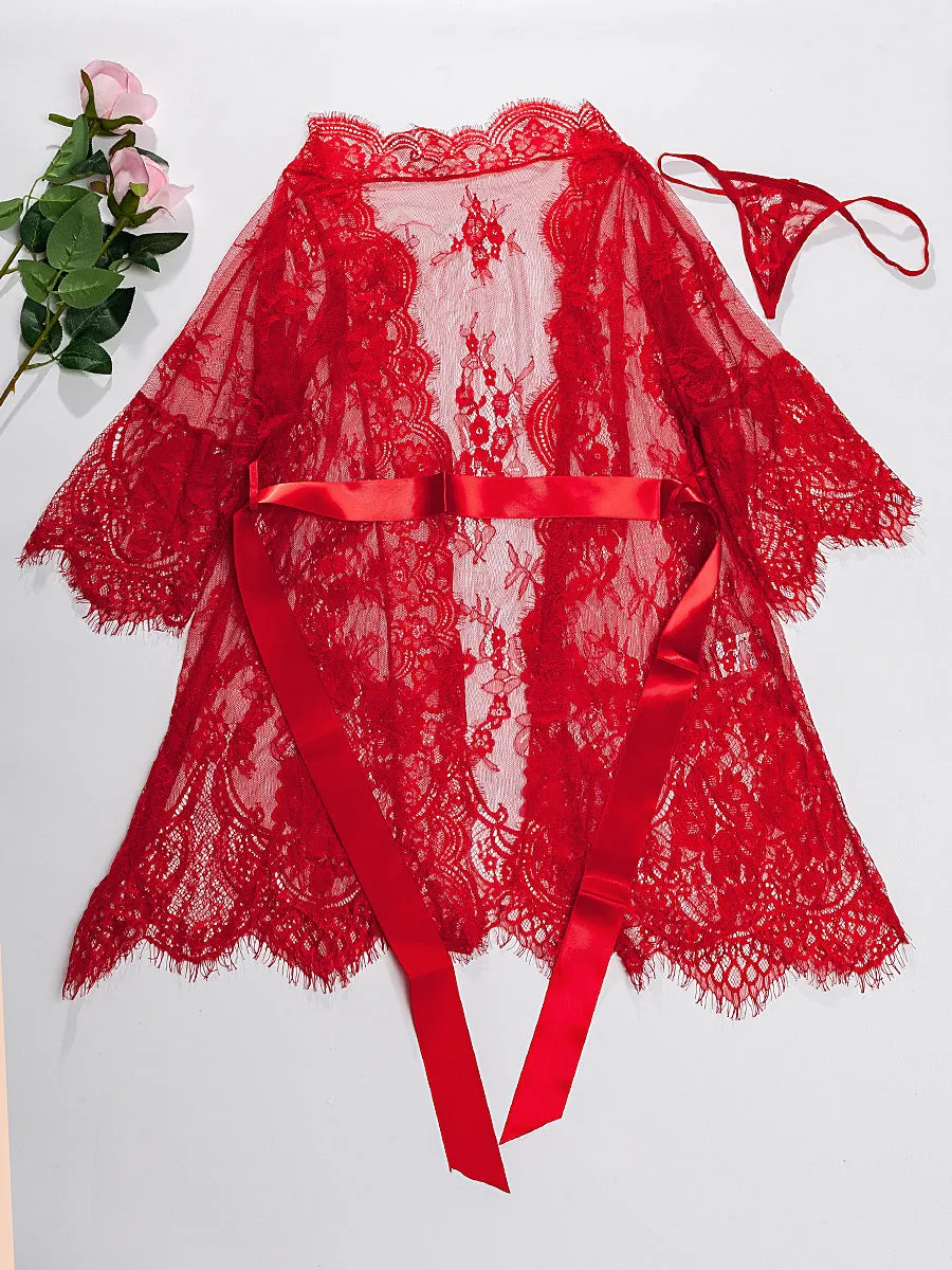 Women Lace Kimono Robe Bathrobe Babydoll Nightwear 3 PCS/SET With G-String