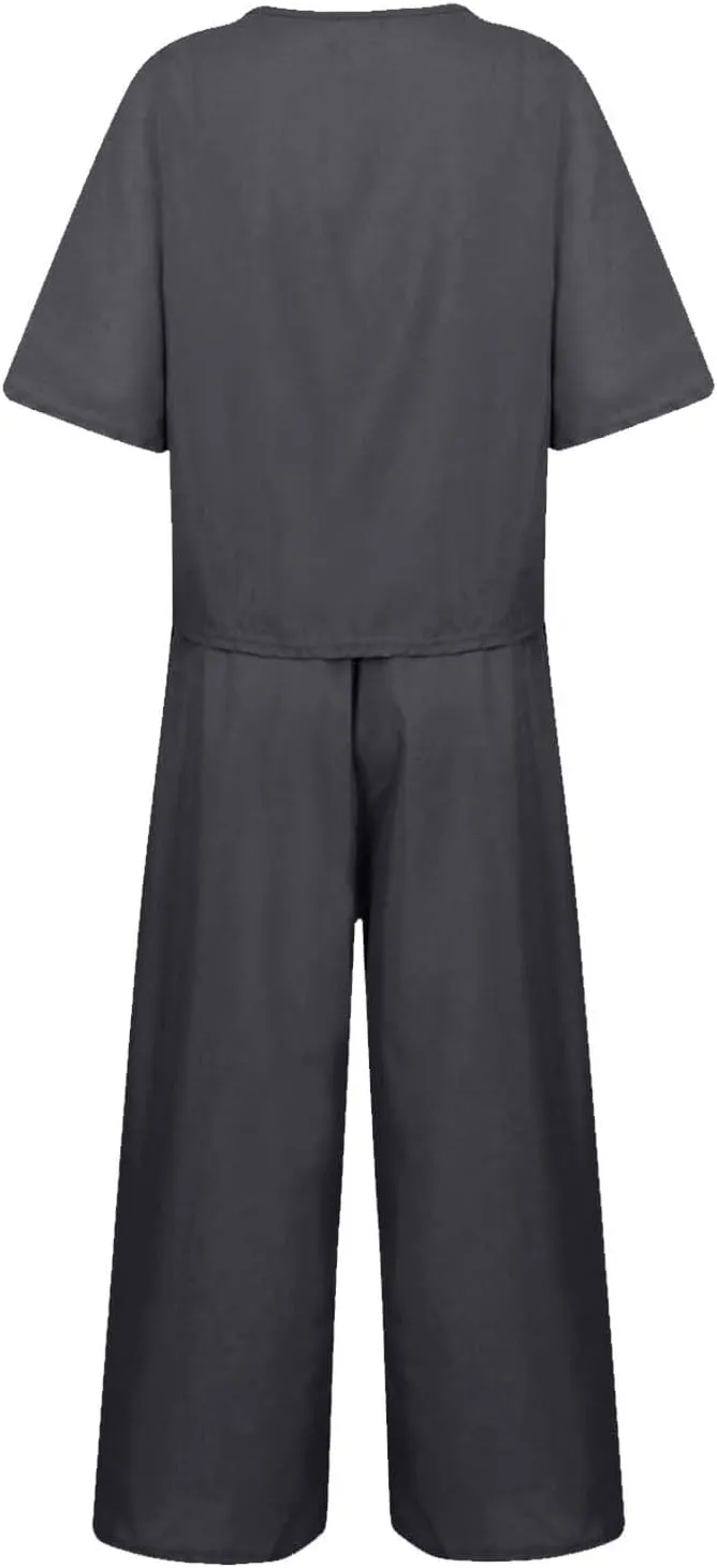 Women Linen 2 Piece Outfits Summer Lounge Sets Loose Short Sleeve Tshirt and Elastic Waist Wide Leg Pants Tracksuit