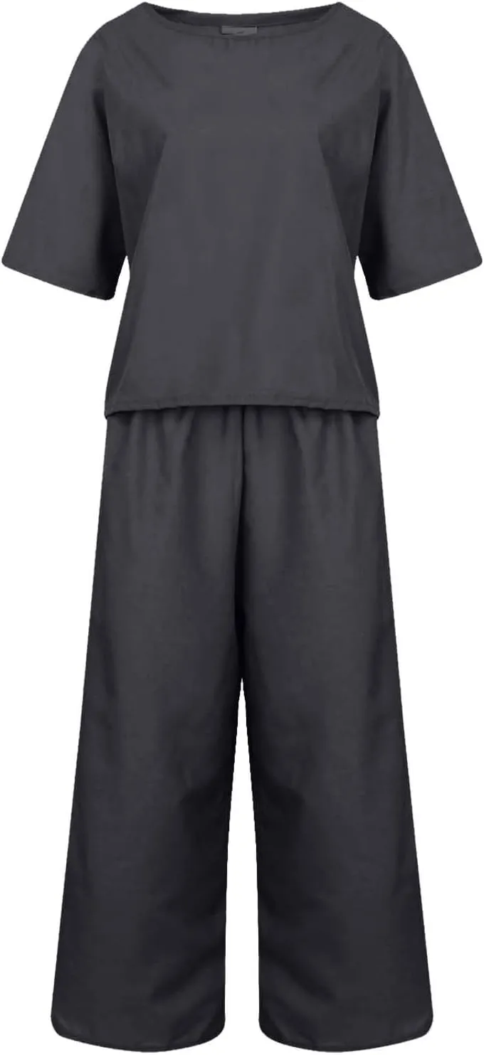 Women Linen 2 Piece Outfits Summer Lounge Sets Loose Short Sleeve Tshirt and Elastic Waist Wide Leg Pants Tracksuit