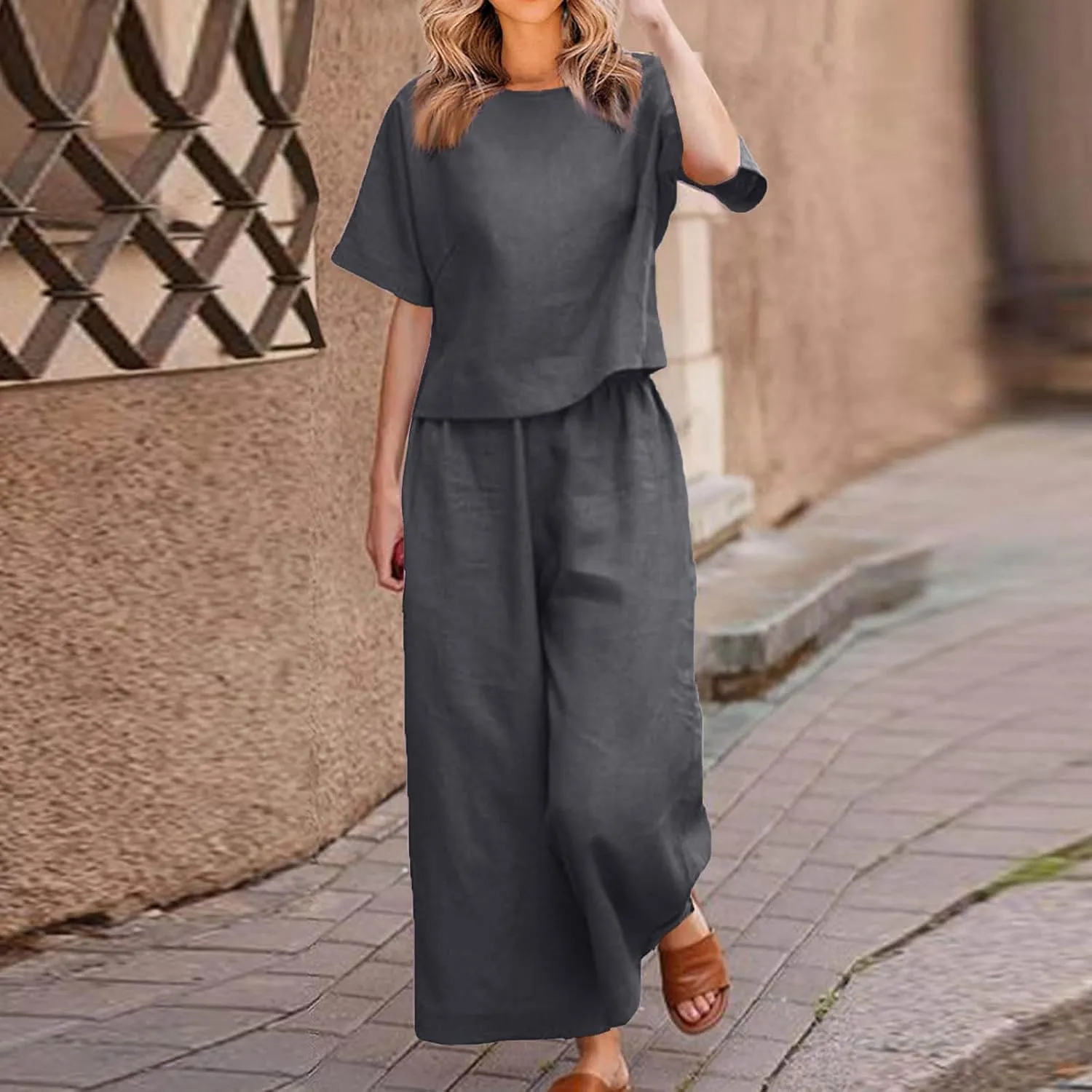 Women Linen 2 Piece Outfits Summer Lounge Sets Loose Short Sleeve Tshirt and Elastic Waist Wide Leg Pants Tracksuit