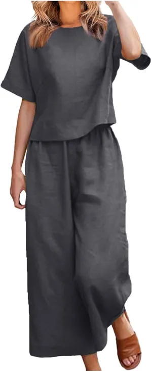 Women Linen 2 Piece Outfits Summer Lounge Sets Loose Short Sleeve Tshirt and Elastic Waist Wide Leg Pants Tracksuit