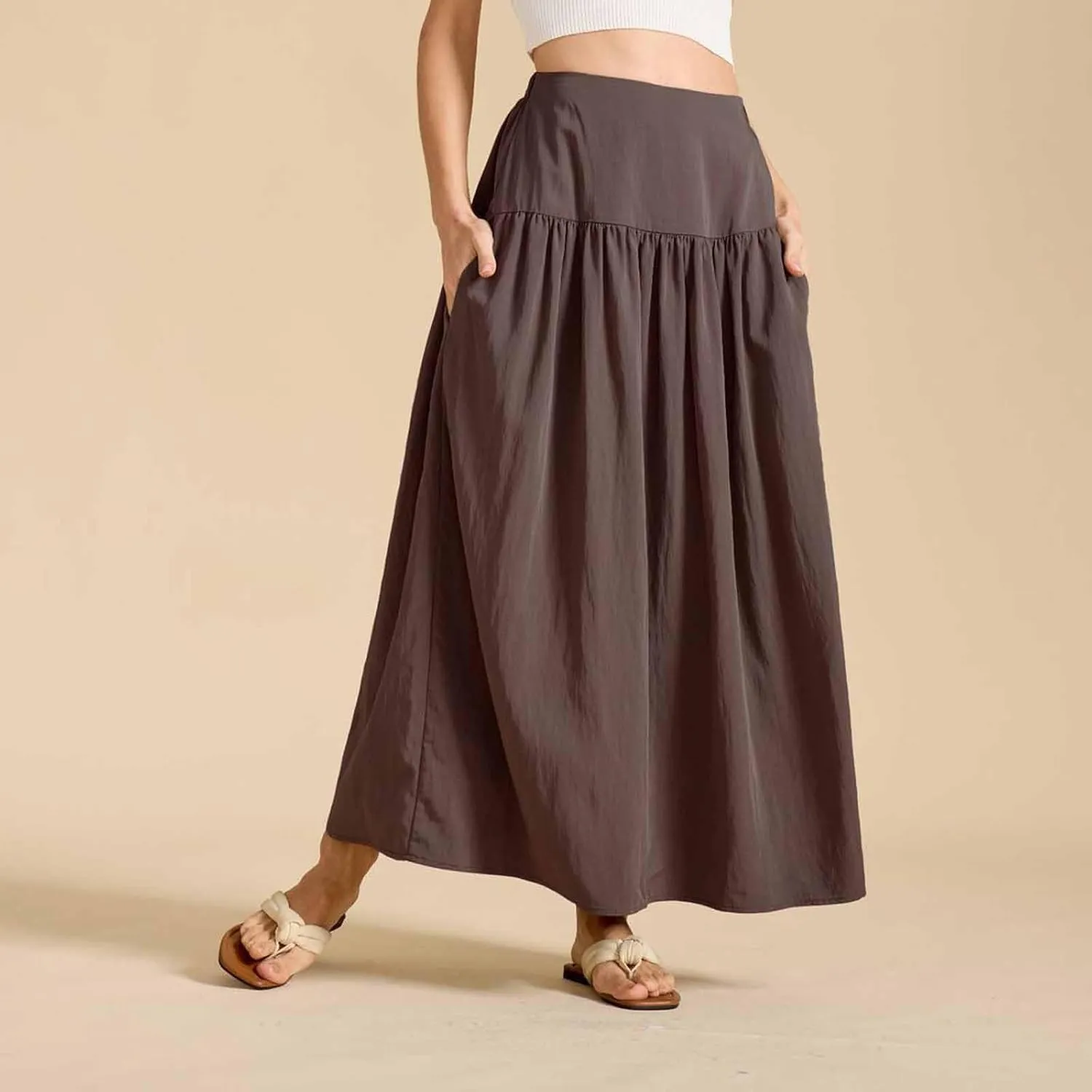 Women Maxi Skirt Spring Boho Elastic High Waist Pleated A-Line Flowy Ruffle Swing Tiered Long Beach Skirt Dresses