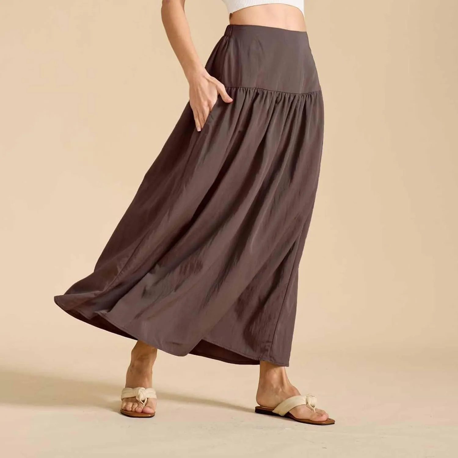 Women Maxi Skirt Spring Boho Elastic High Waist Pleated A-Line Flowy Ruffle Swing Tiered Long Beach Skirt Dresses