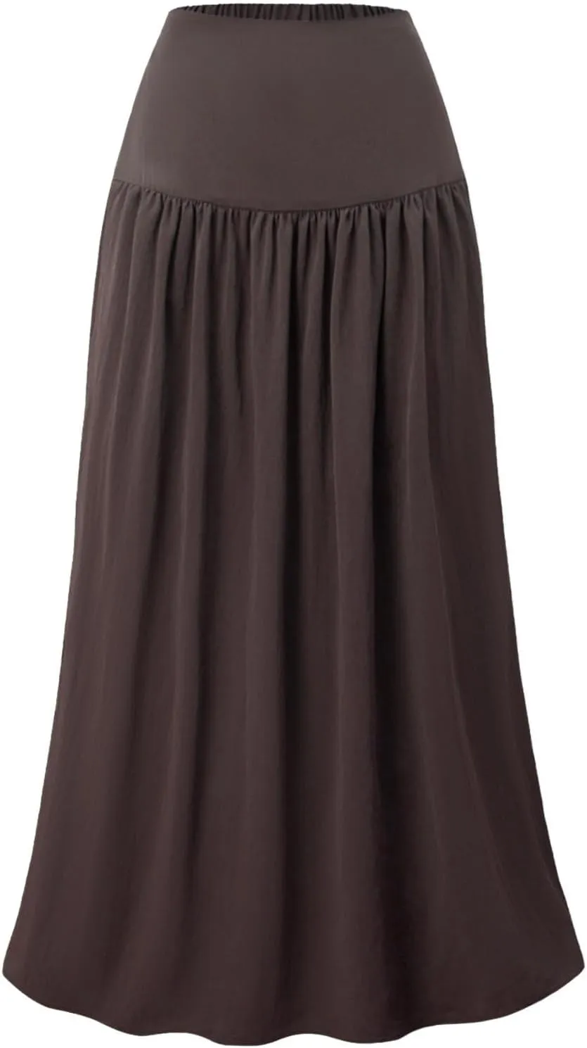 Women Maxi Skirt Spring Boho Elastic High Waist Pleated A-Line Flowy Ruffle Swing Tiered Long Beach Skirt Dresses