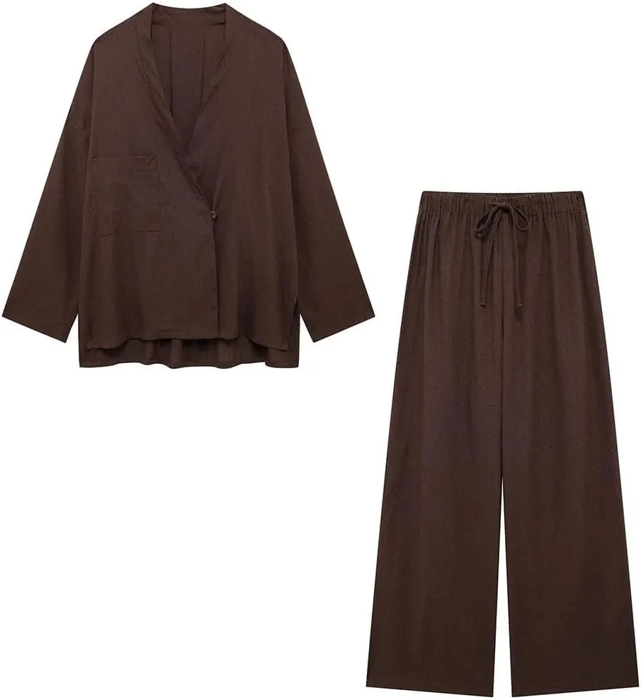 Women Pant Sets Linen Elegant Outfit V Neck Loose Kimono And Wide Leg Trousers Co Ord In Matching Sets