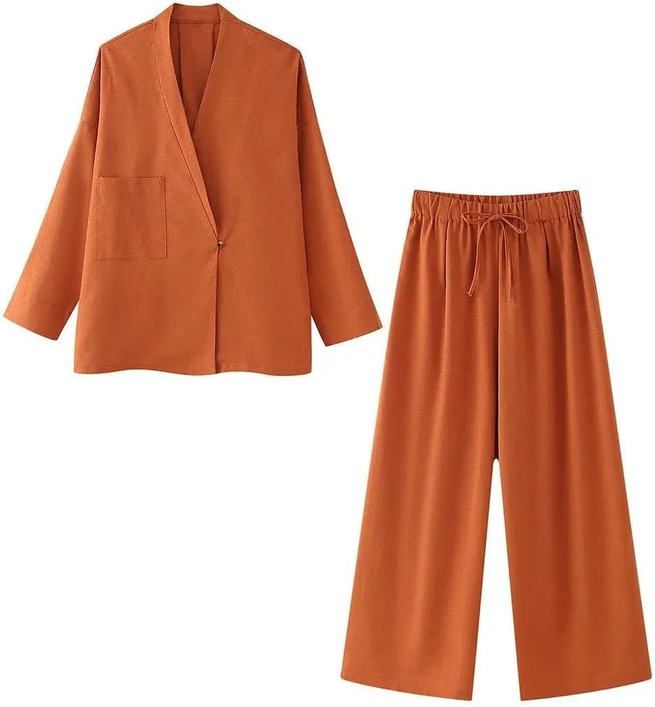 Women Pant Sets Linen Elegant Outfit V Neck Loose Kimono And Wide Leg Trousers Co Ord In Matching Sets