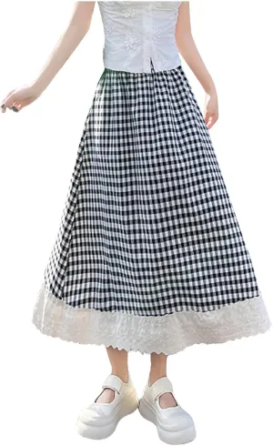 Women Plaid A-Line Swing Maxi Skirt Elastic High Waist Lace Eyelet Cute Long Skirts Summer Gingham Ruffle Skirt